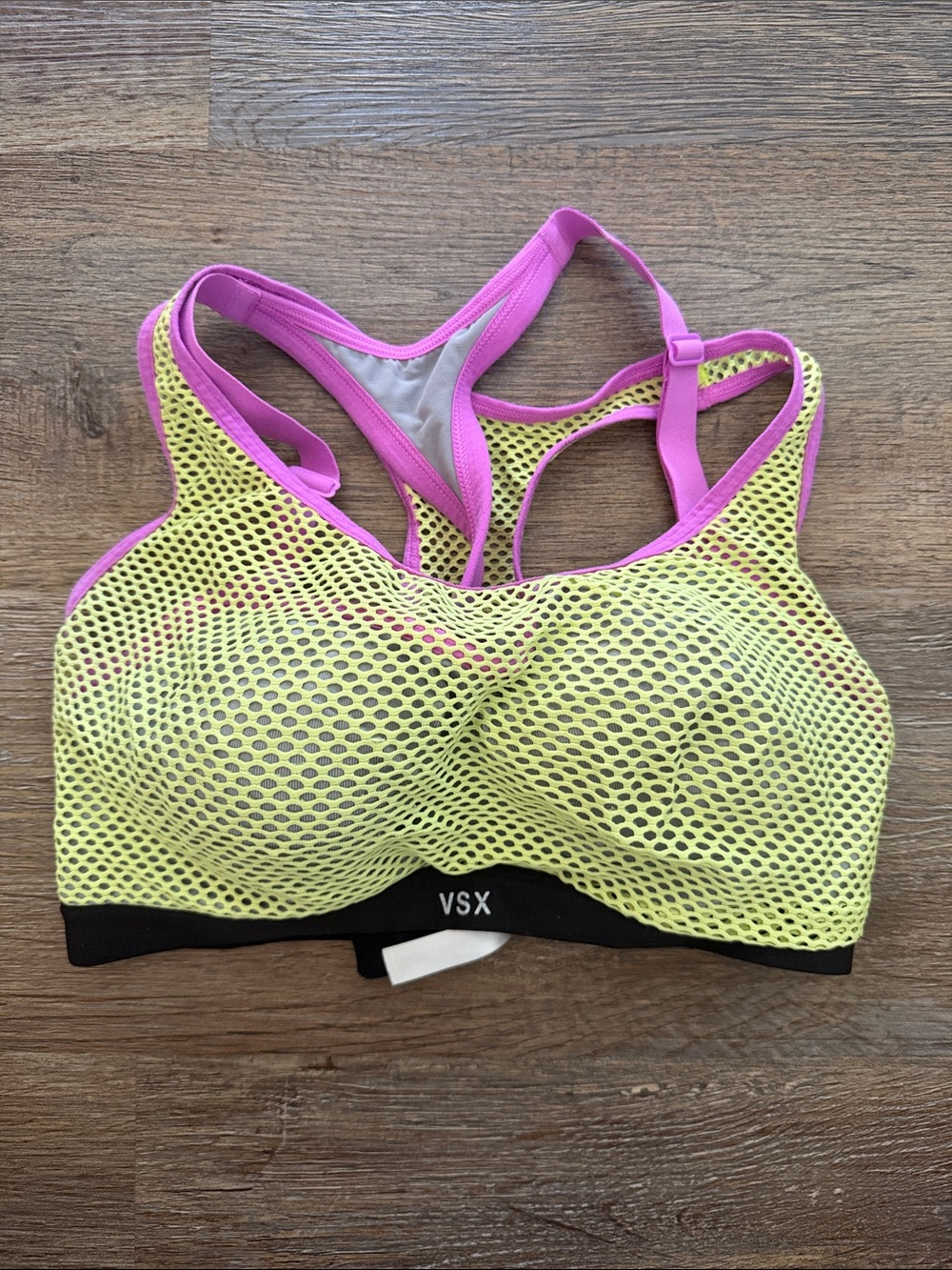 Victoria's Secret VSX Neon Yellow Mesh Sports Bra with Purple Trim - Picture 1 of 4